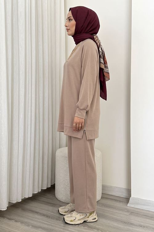 Kadın Yan Fermuar Detay Reglan Kol Tunik Pantolonlu Tesettür Takım Bej