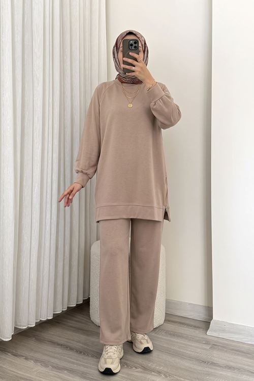 Kadın Yan Fermuar Detay Reglan Kol Tunik Pantolonlu Tesettür Takım Bej