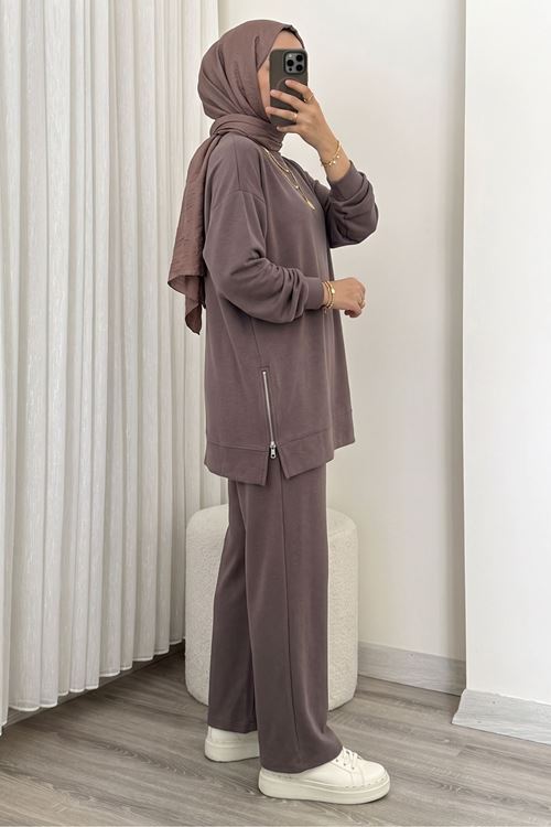 Kadın Yan Fermuar Detay Reglan Kol Tunik Pantolonlu Tesettür Takım Açık Kahve