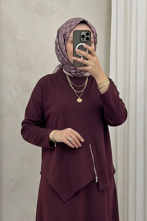 Kadın Fermuar Detay Asimetrik Kesim Etekli Tesettür Takım Kombin Bordo