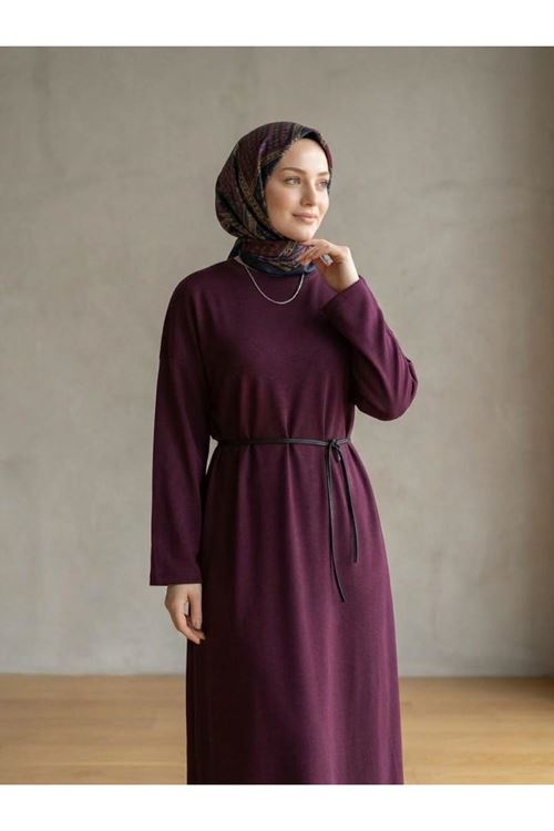 Comfort Dokulu Uzun Elbise -Bordo