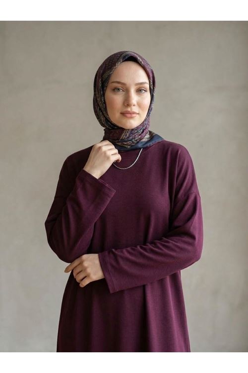 Comfort Dokulu Uzun Elbise -Bordo