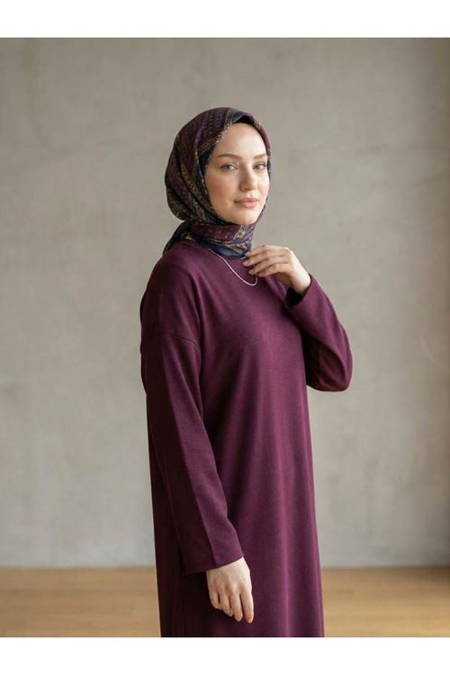 Comfort Dokulu Uzun Elbise -Bordo