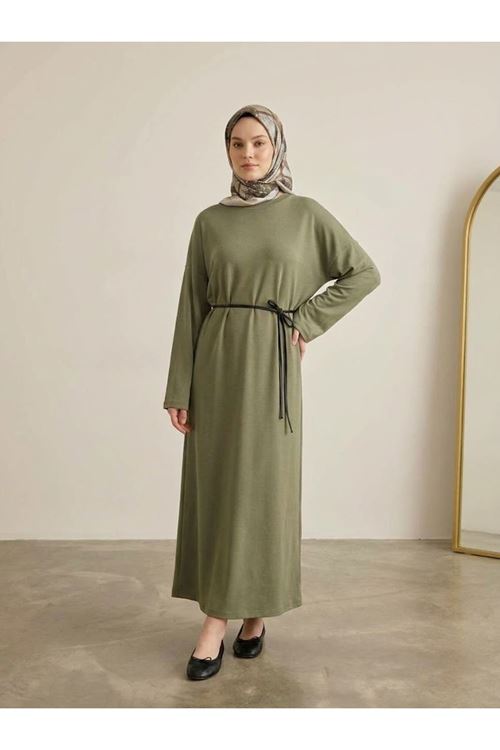 Comfort Dokulu Uzun Elbise -Haki