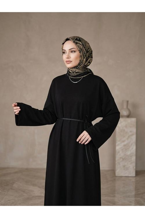 Comfort Dokulu Uzun Elbise -Siyah