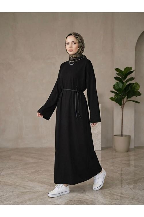 Comfort Dokulu Uzun Elbise -Siyah