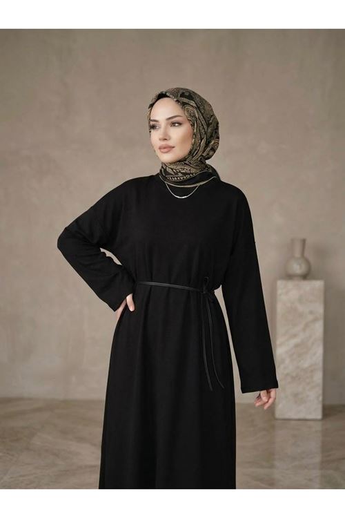 Comfort Dokulu Uzun Elbise -Siyah