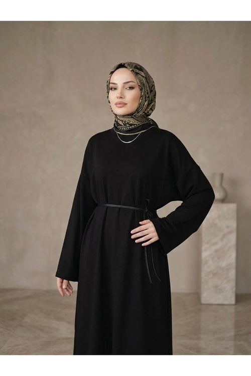 Comfort Dokulu Uzun Elbise -Siyah