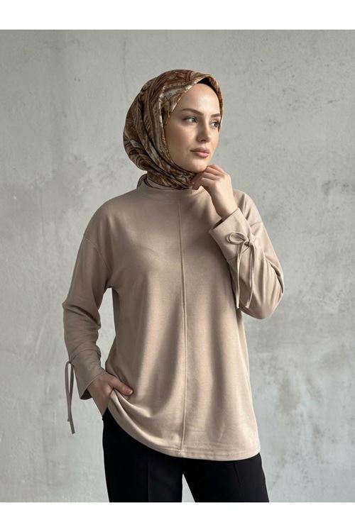 Kol Biye Detay Pike Tunik-Bej
