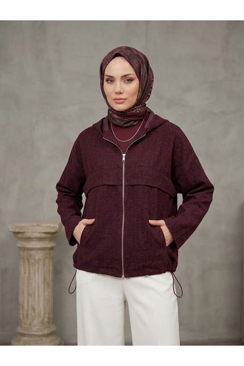 Kadın Bordo Yumuşak Dokulu Kumaş Kapüşonlu Fermuarlı Tesettür Ceket Günlük Oversize Ceket 