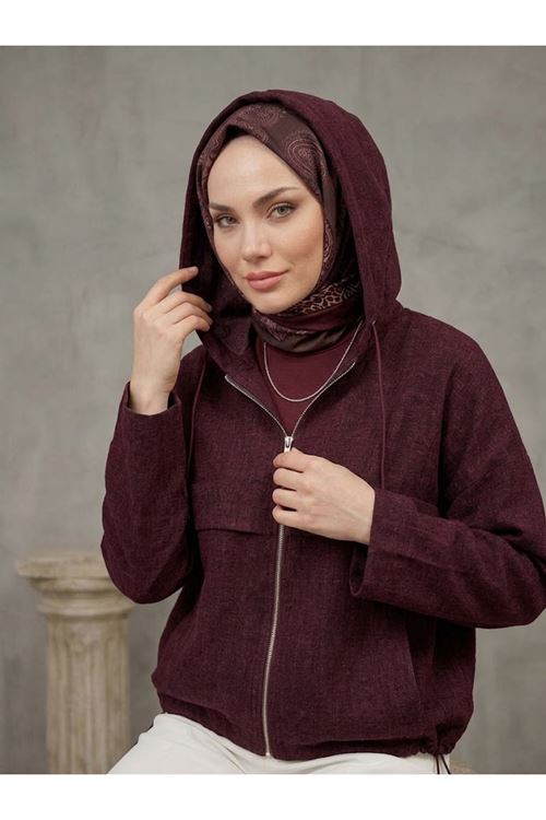 Kadın Bordo Yumuşak Dokulu Kumaş Kapüşonlu Fermuarlı Tesettür Ceket Günlük Oversize Ceket 