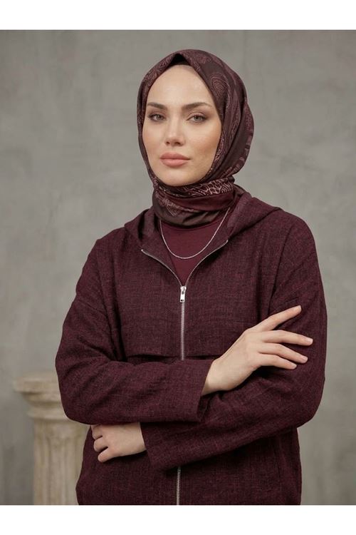 Kadın Bordo Yumuşak Dokulu Kumaş Kapüşonlu Fermuarlı Tesettür Ceket Günlük Oversize Ceket 