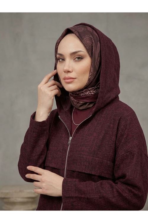 Kapşonlu Fermuarlı Tunik-Bordo