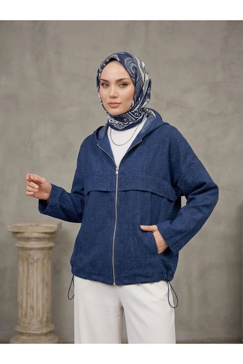 Kadın Mavi Yumuşak Dokulu Kumaş Kapüşonlu Fermuarlı Tesettür Ceket Günlük Oversize Ceket 