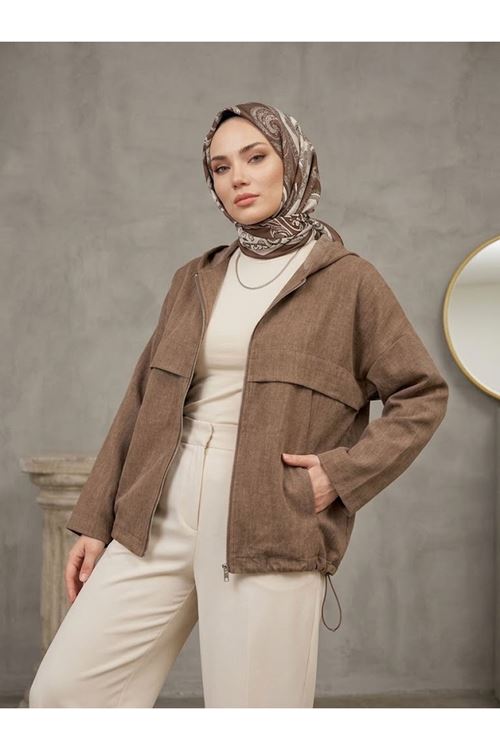 Kapşonlu Fermuarlı Tunik-Vizon