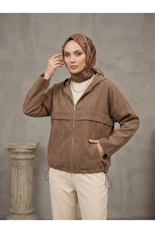 Kadın Vizon Yumuşak Dokulu Kumaş Kapüşonlu Fermuarlı Tesettür Ceket Günlük Oversize Ceket 
