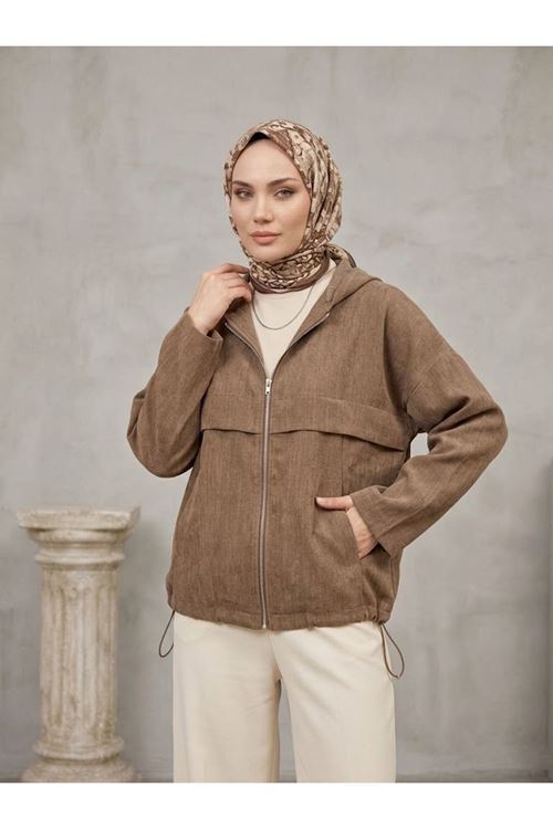 Kadın Vizon Yumuşak Dokulu Kumaş Kapüşonlu Fermuarlı Tesettür Ceket Günlük Oversize Ceket 