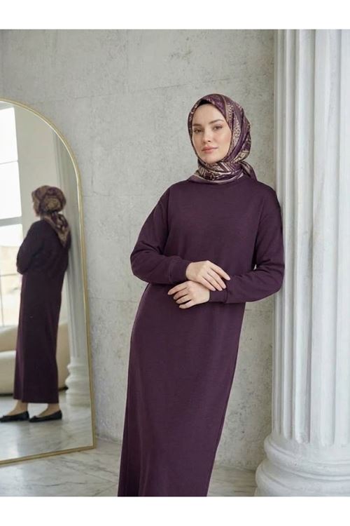 Kadın Bisiklet Yaka Manşetli Kalın Oysho Kumaş Yumuşak Dokulu Uzun Tesettür Elbise Bordo