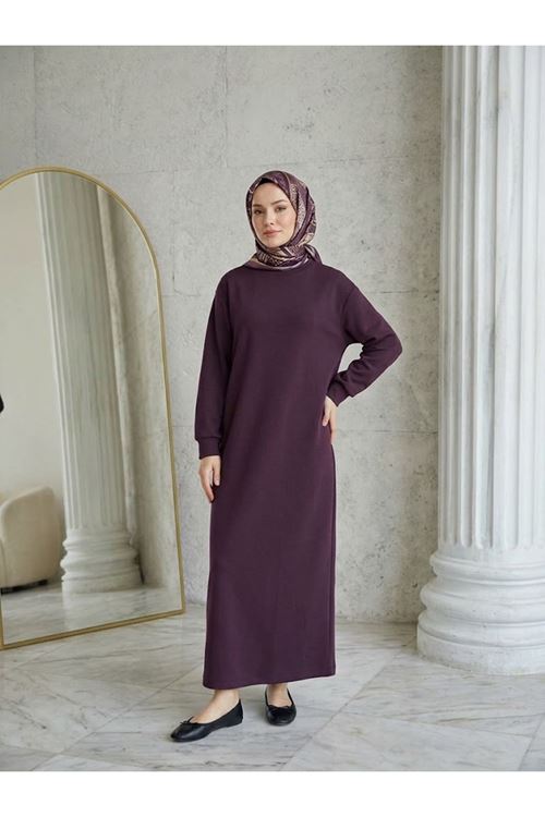 Kadın Bisiklet Yaka Manşetli Kalın Oysho Kumaş Yumuşak Dokulu Uzun Tesettür Elbise Bordo