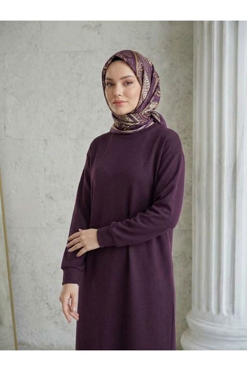 Kadın Bisiklet Yaka Manşetli Kalın Oysho Kumaş Yumuşak Dokulu Uzun Tesettür Elbise Bordo