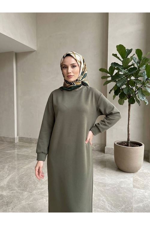 Kadın Bisiklet Yaka Manşetli Kalın Oysho Kumaş Yumuşak Dokulu Uzun Tesettür Elbise Haki