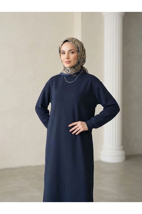 Kadın Bisiklet Yaka Manşetli Kalın Oysho Kumaş Yumuşak Dokulu Uzun Tesettür Elbise Lacivert