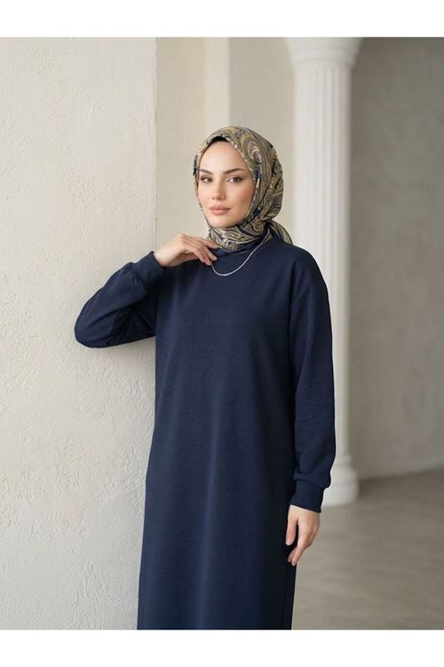 Kadın Bisiklet Yaka Manşetli Kalın Oysho Kumaş Yumuşak Dokulu Uzun Tesettür Elbise Lacivert