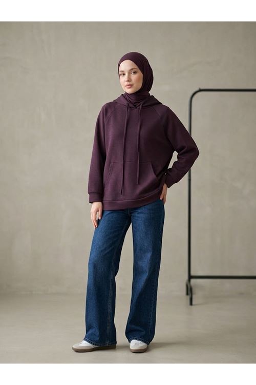 Kadın Bordo Oysho Kumaş Yumuşak Dokulu Kapüşonlu Sweatshirt Kanguru Cepli Günlük Tesettür Sweat