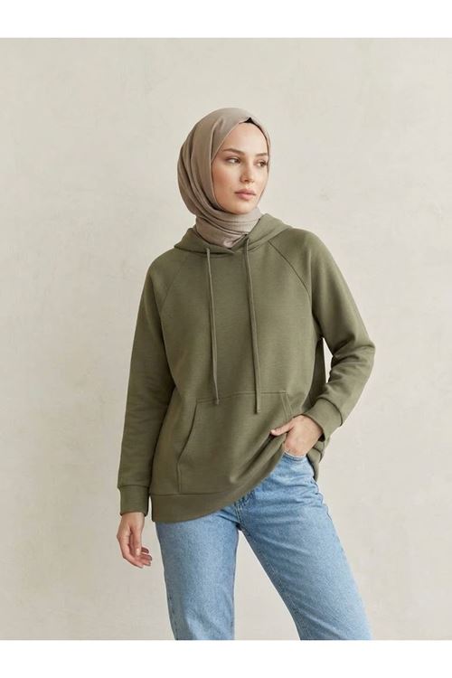 Kadın Haki Oysho Kumaş Yumuşak Dokulu Kapüşonlu Sweatshirt Kanguru Cepli Günlük Tesettür Sweat