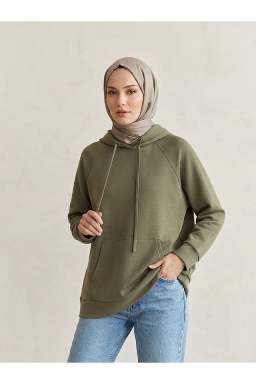 Kadın Haki Oysho Kumaş Yumuşak Dokulu Kapüşonlu Sweatshirt Kanguru Cepli Günlük Tesettür Sweat