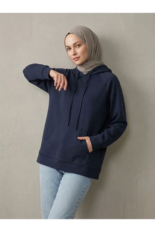 Kadın Lacivert Oysho Kumaş Yumuşak Dokulu Kapüşonlu Sweatshirt Kanguru Cepli Günlük Tesettür Sweat