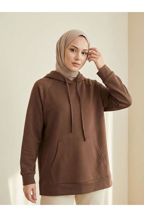 Kadın Kahverengi Oysho Kumaş Yumuşak Dokulu Kapüşonlu Sweatshirt Kanguru Cepli Günlük Tesettür Sweat