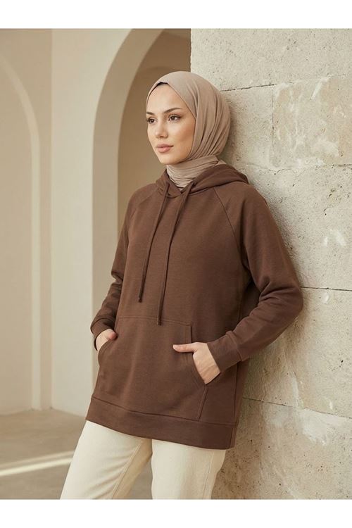 Kadın Kahverengi Oysho Kumaş Yumuşak Dokulu Kapüşonlu Sweatshirt Kanguru Cepli Günlük Tesettür Sweat