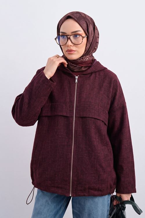 Kadın Bordo Yumuşak Dokulu Kumaş Kapüşonlu Fermuarlı Tesettür Ceket Günlük Oversize Ceket 