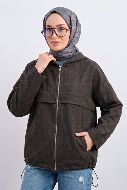 Kadın Kahve Yumuşak Dokulu Kumaş Kapüşonlu Fermuarlı Tesettür Ceket Günlük Oversize Ceket 
