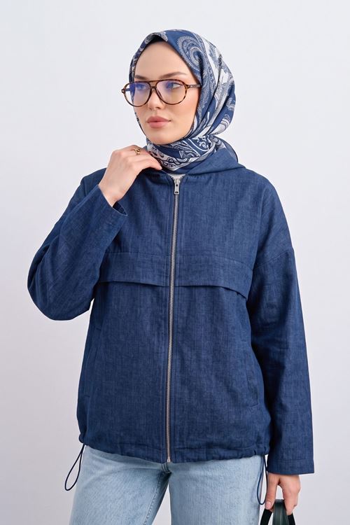 Kadın Mavi Yumuşak Dokulu Kumaş Kapüşonlu Fermuarlı Tesettür Ceket Günlük Oversize Ceket 