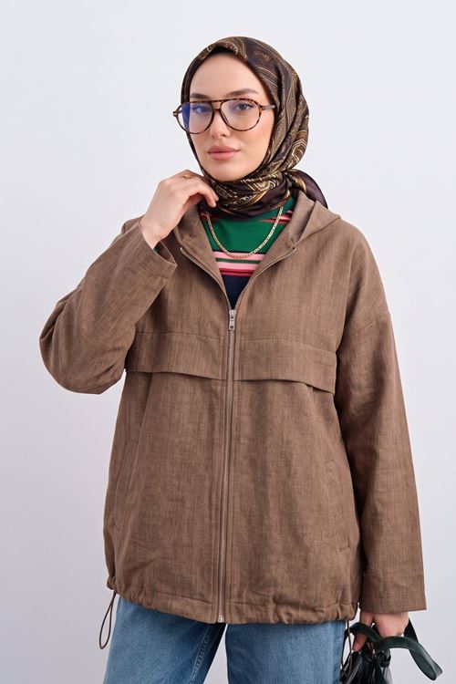Kadın Vizon Yumuşak Dokulu Kumaş Kapüşonlu Fermuarlı Tesettür Ceket Günlük Oversize Ceket 