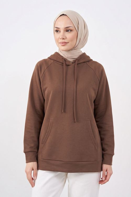 Kadın Kahverengi Oysho Kumaş Yumuşak Dokulu Kapüşonlu Sweatshirt Kanguru Cepli Günlük Tesettür Sweat