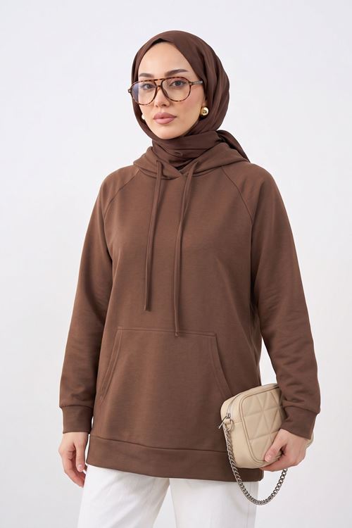Kadın Kahverengi Oysho Kumaş Yumuşak Dokulu Kapüşonlu Sweatshirt Kanguru Cepli Günlük Tesettür Sweat