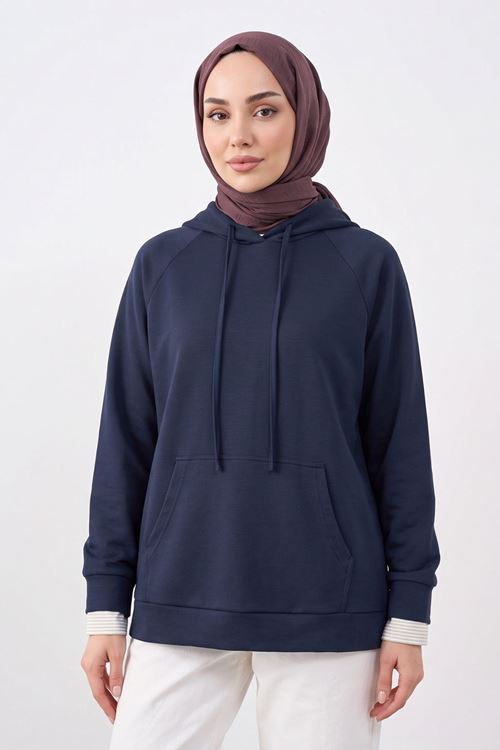 Kadın Lacivert Oysho Kumaş Yumuşak Dokulu Kapüşonlu Sweatshirt Kanguru Cepli Günlük Tesettür Sweat