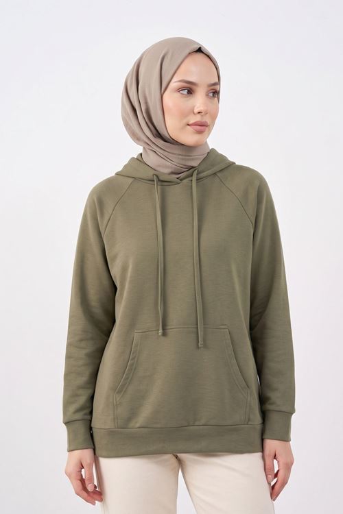 Kadın Haki Oysho Kumaş Yumuşak Dokulu Kapüşonlu Sweatshirt Kanguru Cepli Günlük Tesettür Sweat