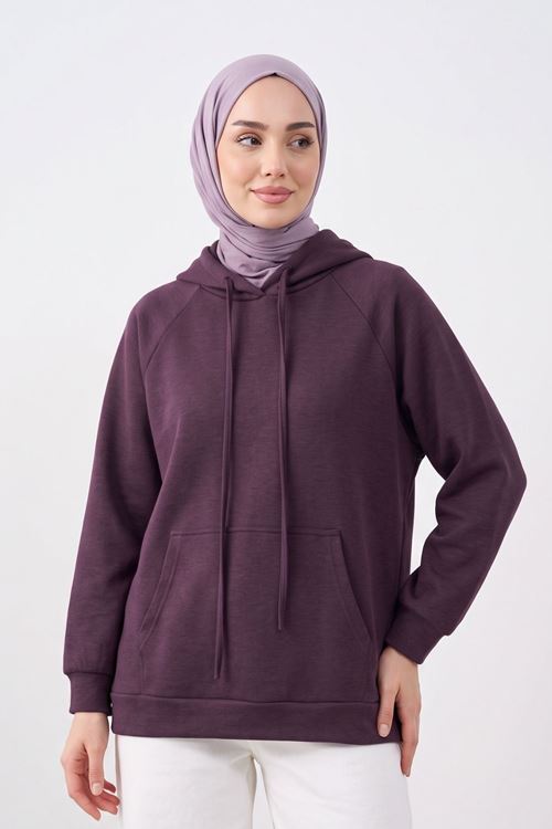 Kadın Bordo Oysho Kumaş Yumuşak Dokulu Kapüşonlu Sweatshirt Kanguru Cepli Günlük Tesettür Sweat