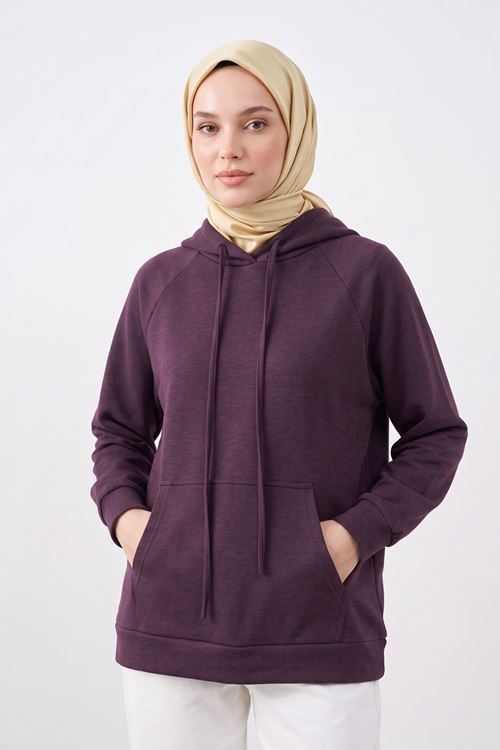 Kadın Bordo Oysho Kumaş Yumuşak Dokulu Kapüşonlu Sweatshirt Kanguru Cepli Günlük Tesettür Sweat