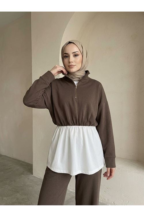 Kadın Dik Yaka Fermuarlı Garnili Bel Büzgülü Tunik Pantolonlu Tesettür Kombin Takım Kahve
