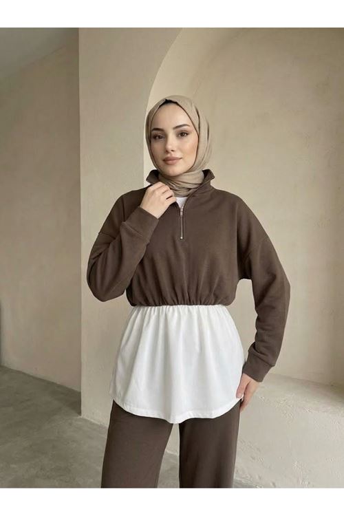 Fermuarlı Garnili Pantolonlu Takım-Kahve