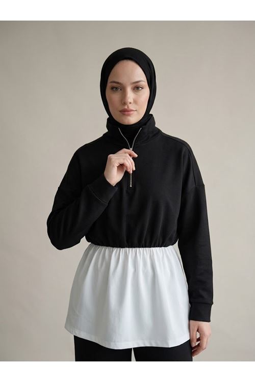 Fermuarlı Garnili Pantolonlu Takım-Siyah