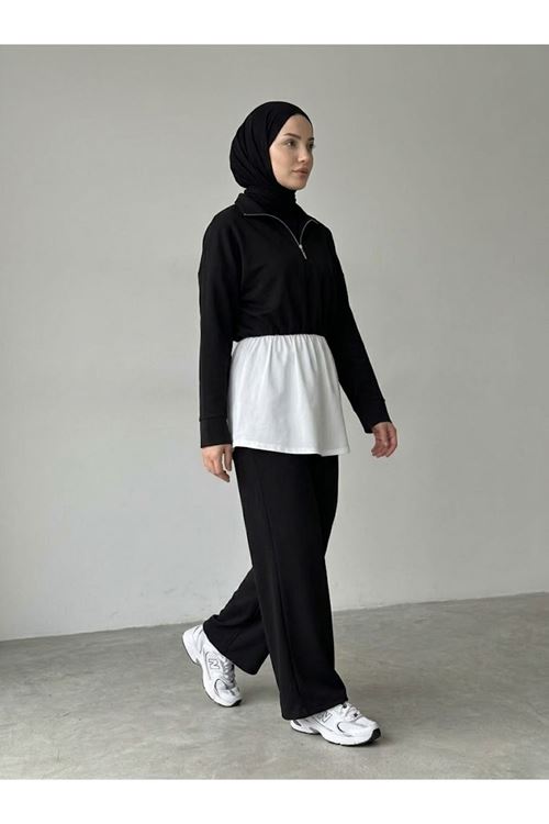 Fermuarlı Garnili Pantolonlu Takım-Siyah