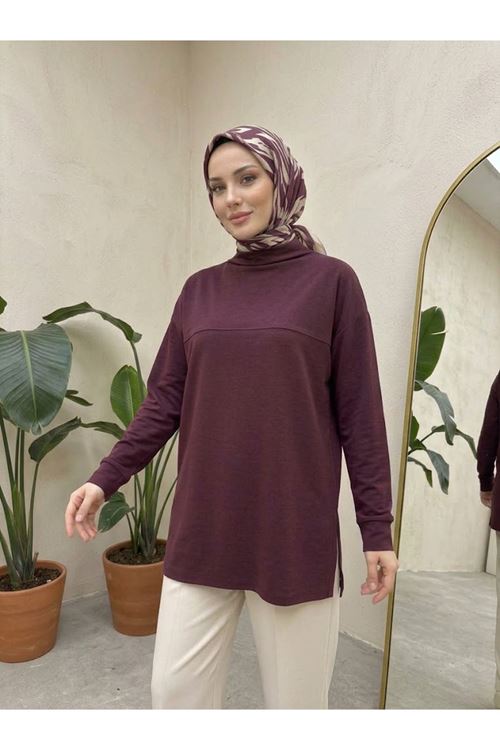 Yarım Yaka Ön Robalı Yırtmaçlı Tunik-Bordo
