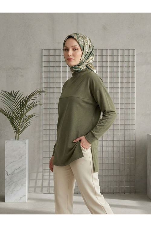 Yarım Yaka Ön Robalı Yırtmaçlı Tunik-Haki