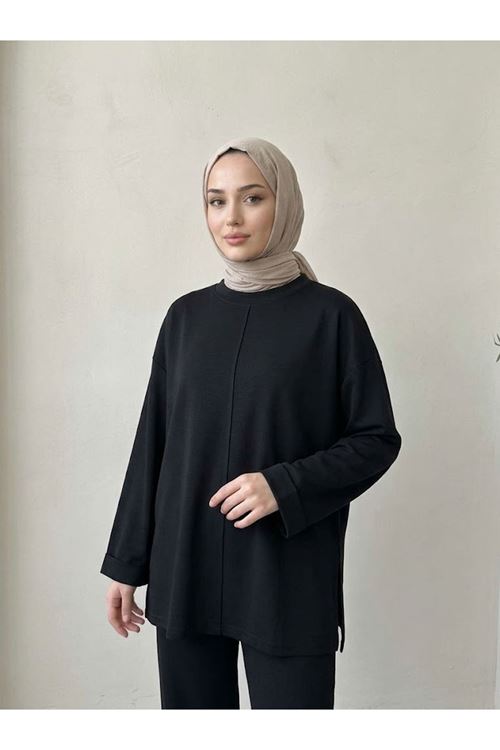Kol Katlama detay  Yırtmaçlı Pantolonlu Takım-Siyah